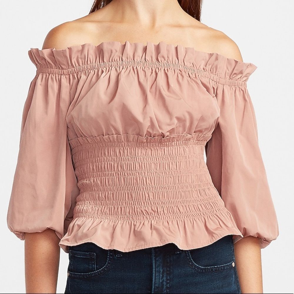 NWT- Express Pink smocked off shoulder top - L